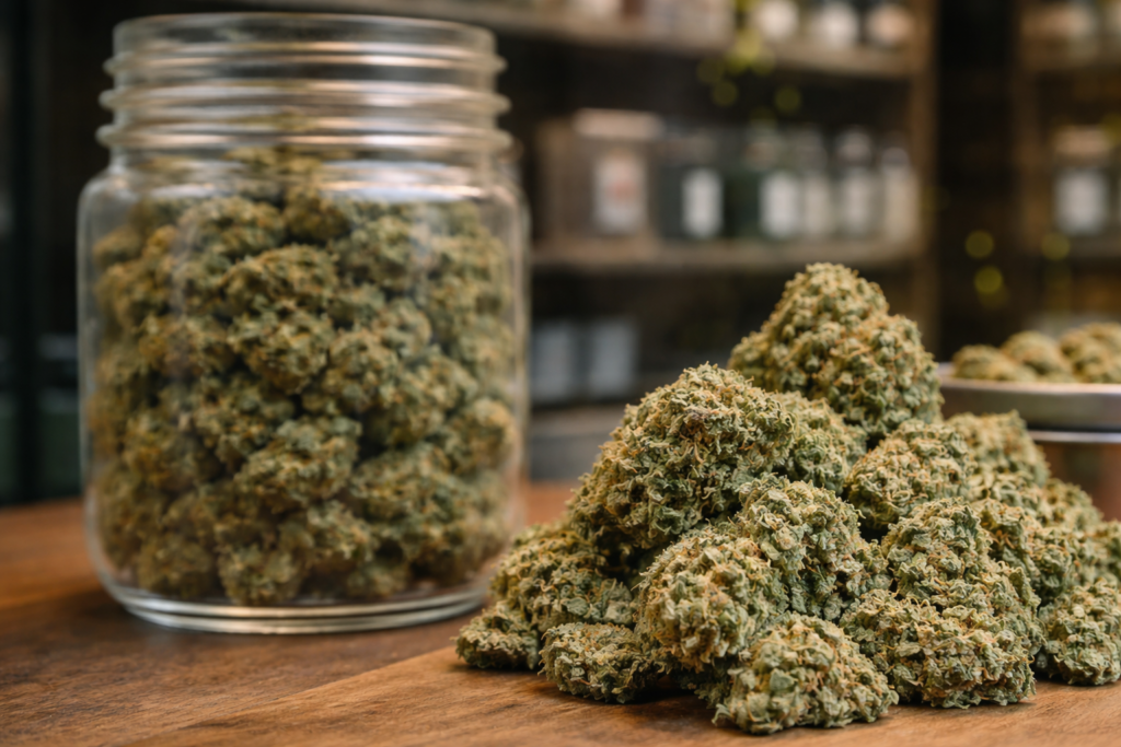 Close-up of cannabis flower buds on a wooden table with a glass jar in a dispensary setting