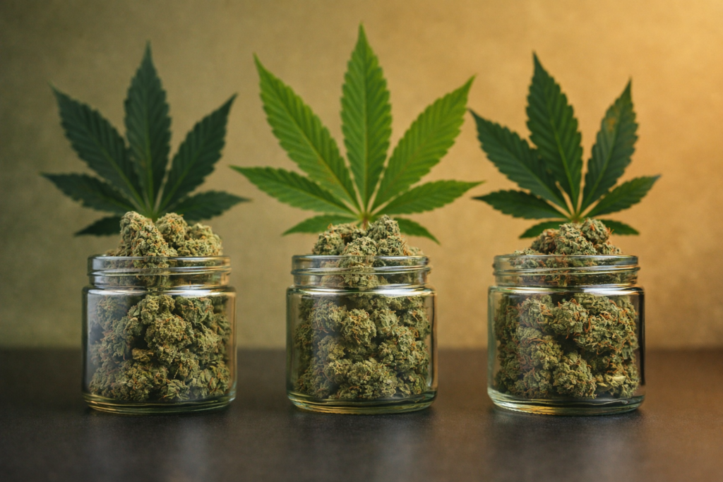 Close-up of three glass jars filled with cannabis buds, each placed in a row with green cannabis leaves behind them, representing different cannabis types on a soft, warm background.