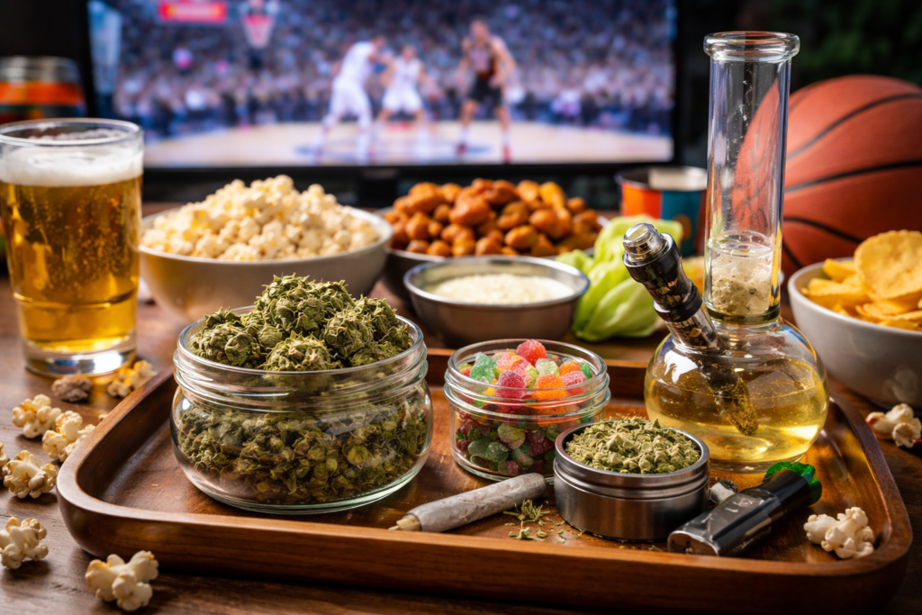 Cannabis buds, edibles, and a bong arranged on a tray with snacks and drinks in front of a TV showing a basketball game, creating a game-day viewing setup.