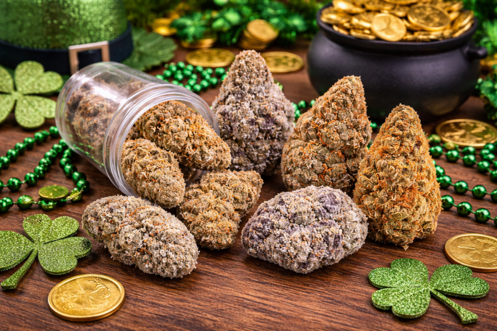 Close-up of assorted cannabis buds arranged on a wooden table with St. Patrick’s Day decorations, including shamrocks, green beads, and gold coins.
