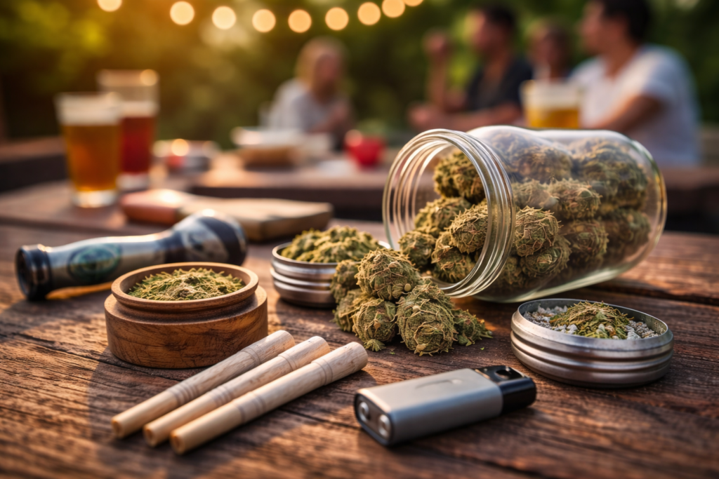 Cannabis buds spilled from a glass jar beside pre-roll joints, a grinder, and a lighter on a wooden table, with a group of people blurred in the background.