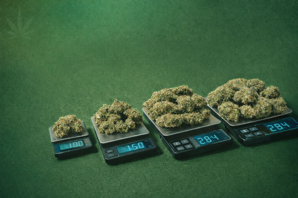 Close-up of cannabis buds placed on digital scales showing different weights against a green background, illustrating common weed quantities.