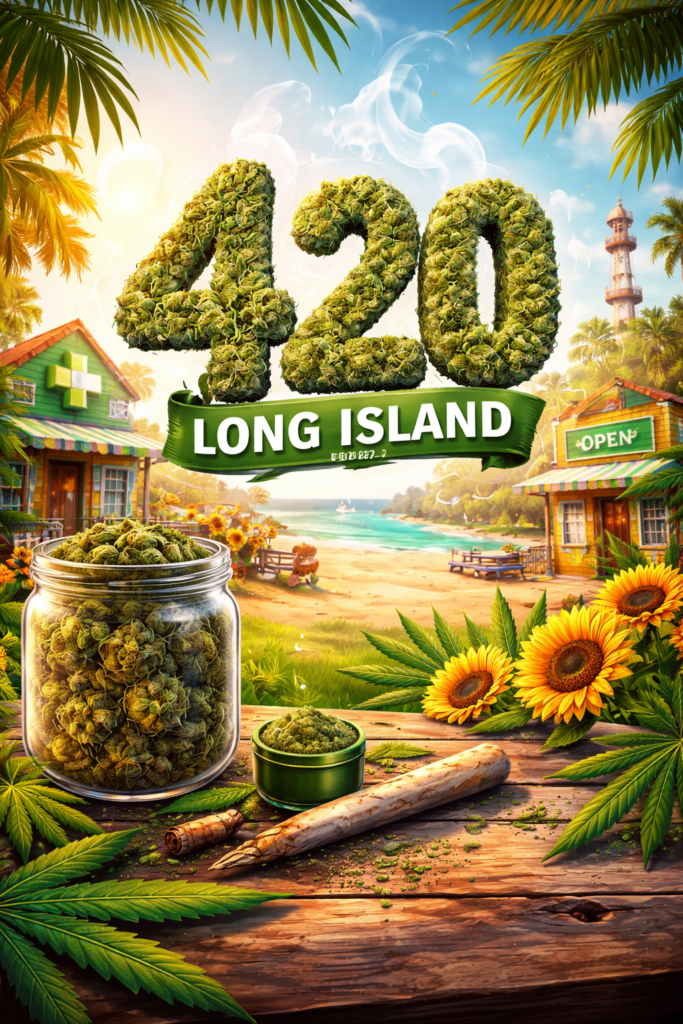 Colorful 4/20 Long Island beach scene with cannabis buds shaped as “420,” dispensary storefronts, palm trees, sunflowers, and a jar of weed on a wooden table.