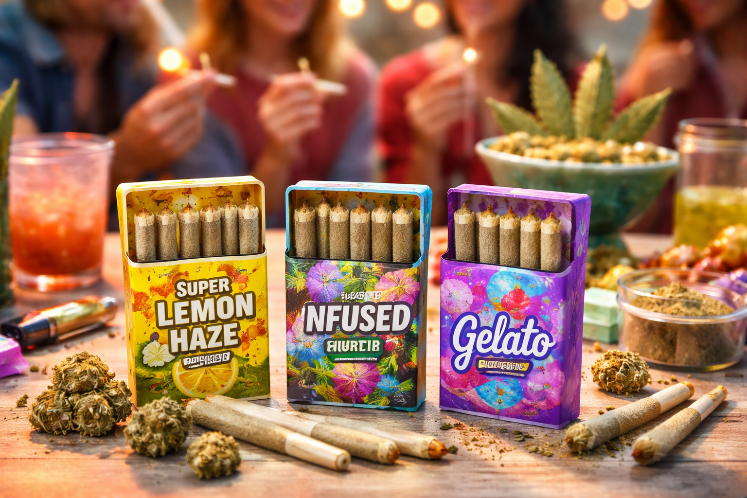 Colorful preroll packs filled with joints on a table, surrounded by party lights and festive decorations, creating a lively 4/20 party vibe.