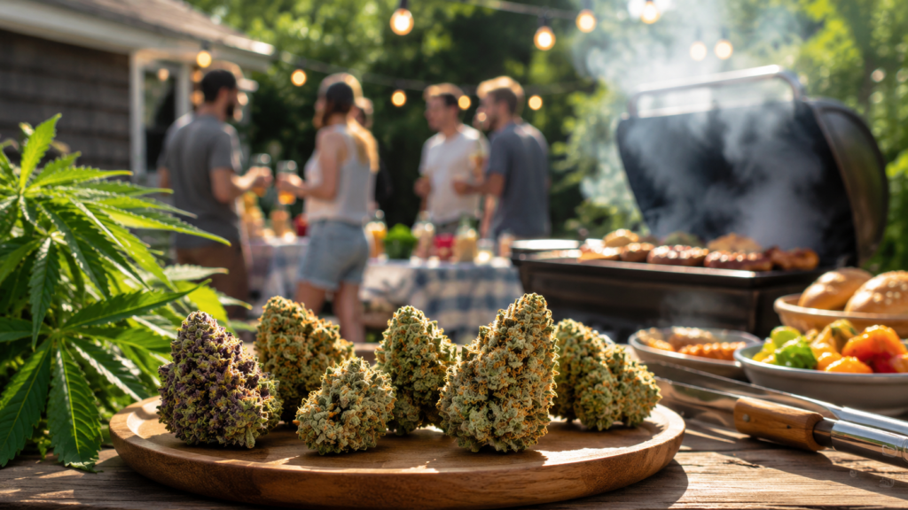 Backyard BBQ scene featuring cannabis flower on a wooden table beside grilled food, with people socializing outdoors under string lights in a sunny summer setting.