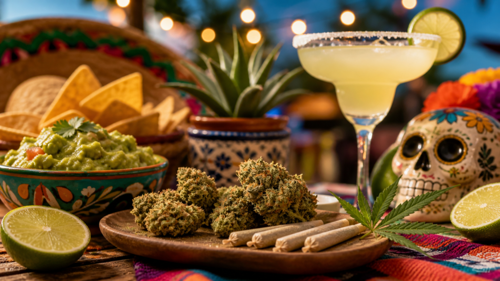 Cannabis flower, pre-rolls, margarita, tacos, chips and guacamole arranged on a festive Cinco de Mayo table with colorful Mexican-inspired decorations and string lights in the background.