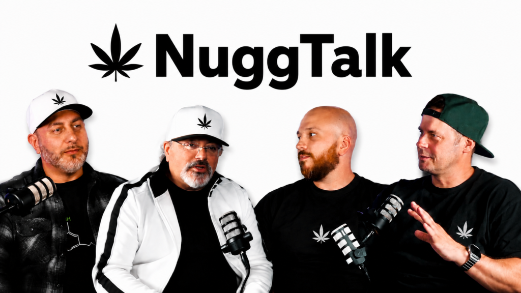 **Alt Text:** NuggTalk podcast promotional banner featuring four hosts and guests seated with microphones in a studio-style setup, discussing cannabis innovation and vaporizer technology with the NuggTalk logo displayed above them on a clean white background.