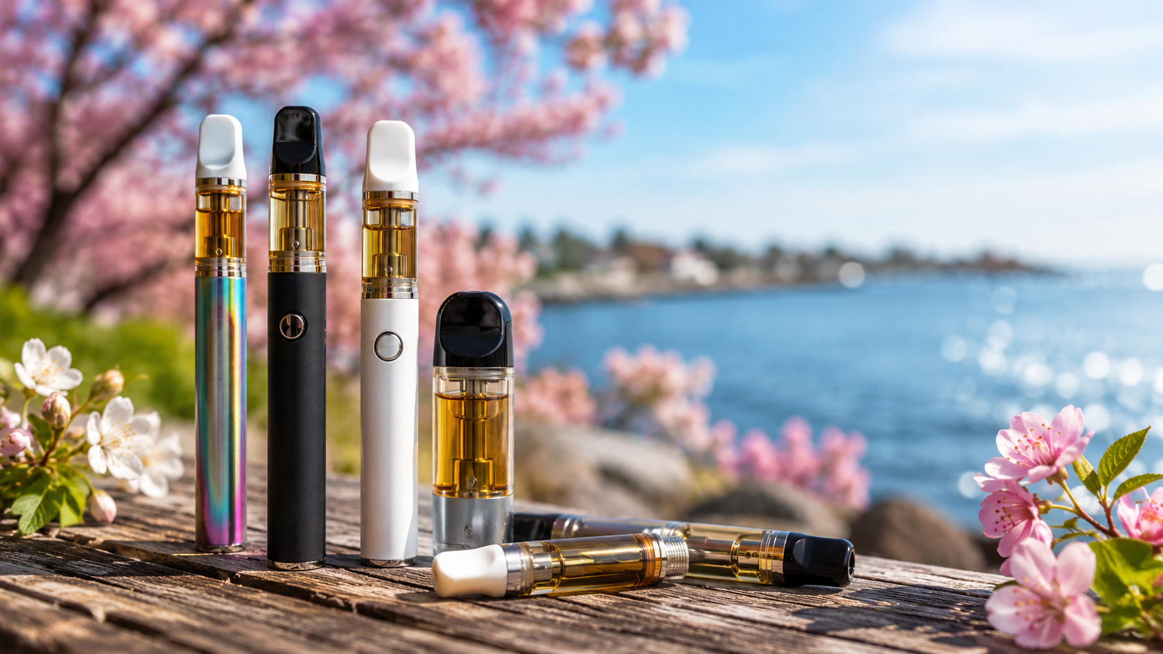 Assorted THC vape cartridges and vape pens displayed on a wooden surface with blooming spring flowers and a waterfront Long Island backdrop in bright daylight.