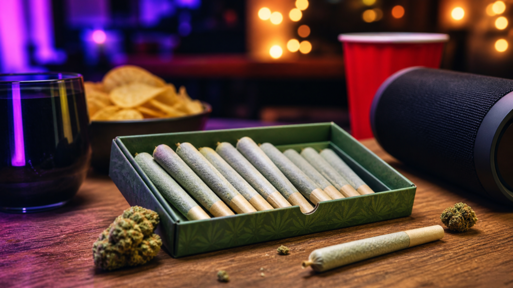 Pre-roll cannabis pack on a wooden table during a weekend party setup with colorful ambient lighting, snacks, speaker, and cannabis buds in the background.