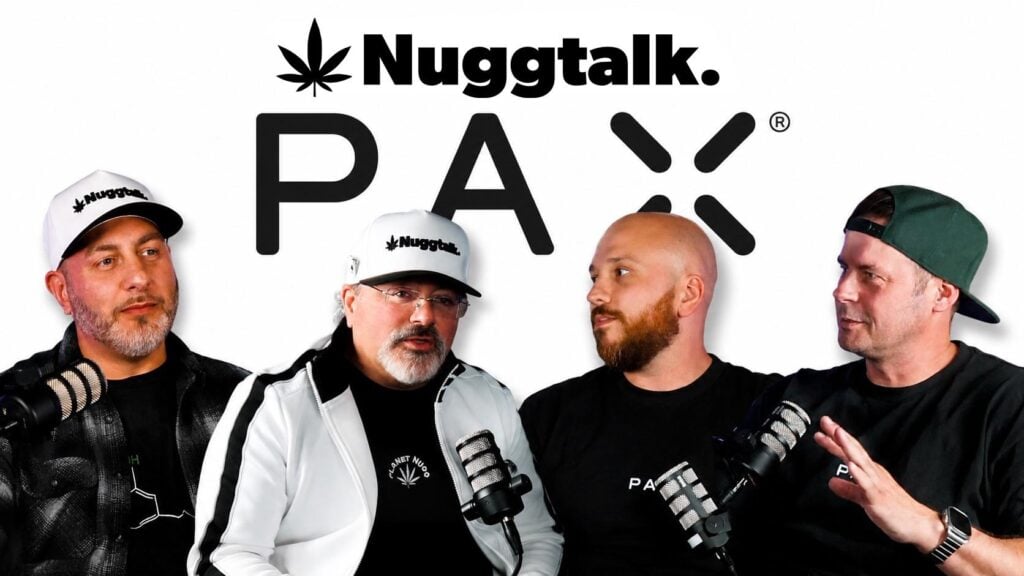 **Alt text:**
Promotional graphic for NuggTalk featuring four podcast guests seated with microphones in front of a large PAX logo. The NuggTalk logo appears at the top, while the guests are engaged in conversation against a clean white background.