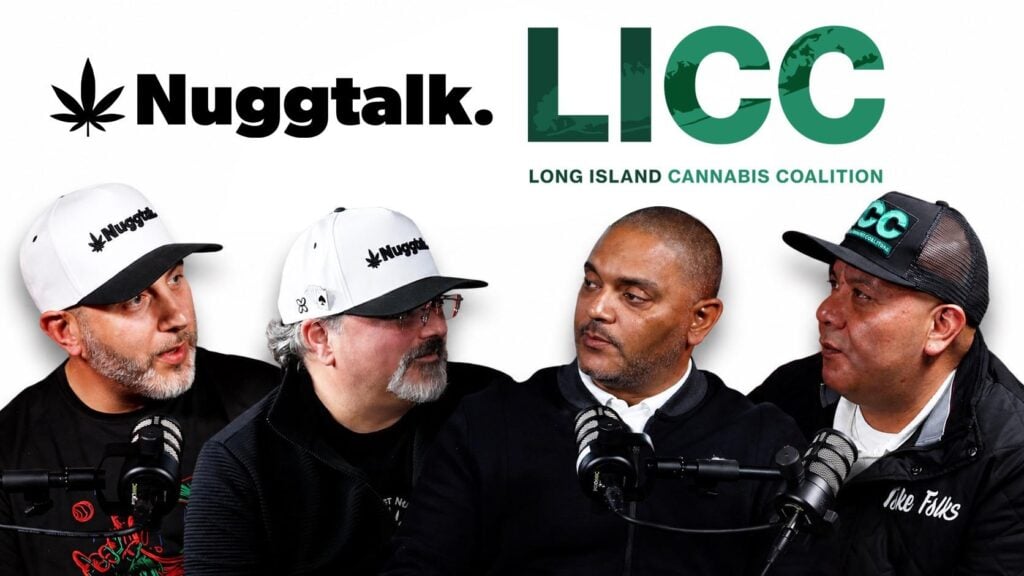 **Alt text:**
Promotional graphic for NuggTalk featuring four podcast participants seated with microphones during a discussion with the Long Island Cannabis Coalition (LICC). The NuggTalk logo appears on the left, the LICC logo is displayed prominently at the top, and the guests are shown engaged in conversation against a white background.