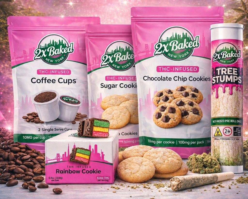 For this image, a good alt text that describes only what is visible would be:
**Alt text:**
*Display of 2X Baked cannabis products including THC-infused coffee cups, sugar cookies, chocolate chip cookies, a rainbow cookie package, and a pre-roll container arranged on a table with cookies, coffee beans, cannabis flower, and a rolled joint.*
Shorter version:
**Alt text:**
Assortment of 2X Baked THC-infused products, cookies, coffee cups, cannabis flower, and a pre-roll displayed on a tabletop.