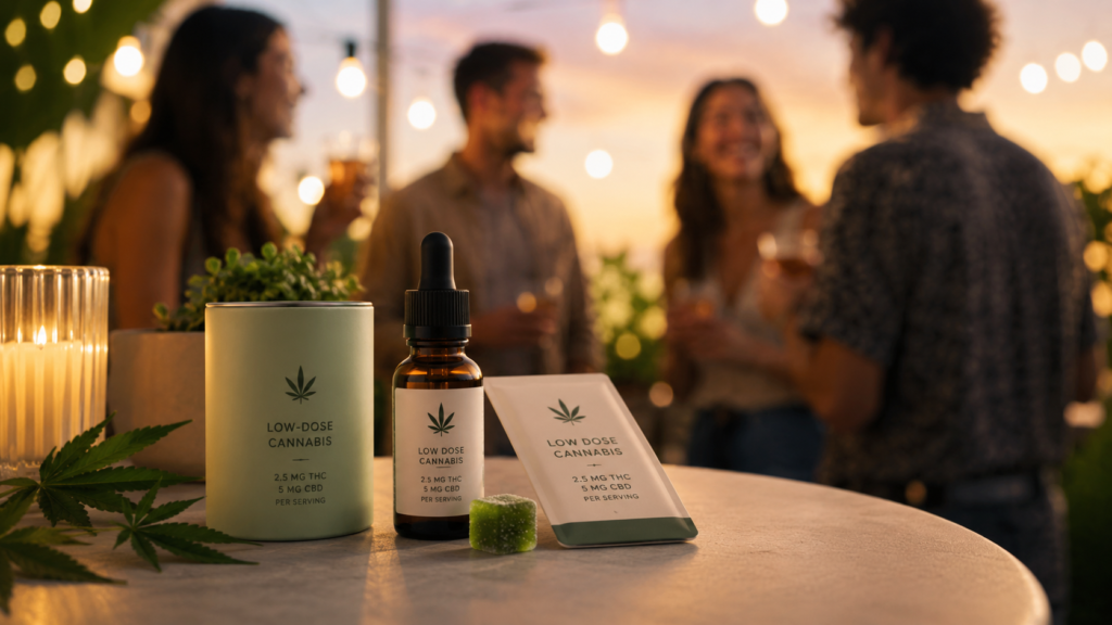 Low-dose cannabis products displayed on a table at a social gathering, featuring THC-infused gummies, tinctures, and packaging in the foreground with friends chatting in a warmly lit outdoor setting in the background. The image highlights responsible cannabis consumption for social events.