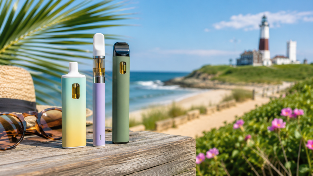 Summer-themed featured image showing THC vape devices on a weathered wooden table near a Long Island beach, with sunglasses, a straw hat, ocean waves, coastal flowers, and a lighthouse in the background under a bright blue sky.