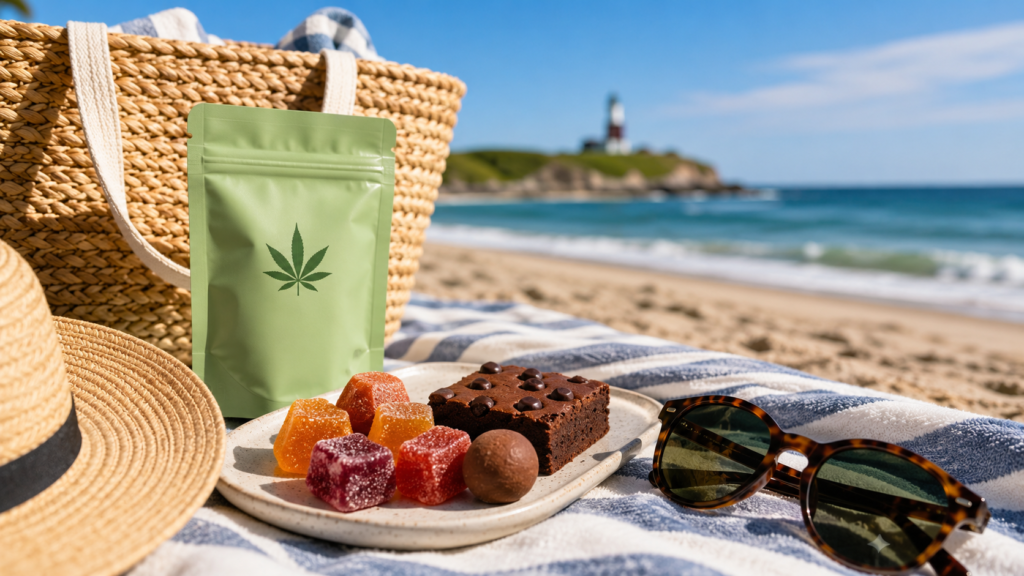 Beach-day cannabis edibles arranged on a striped towel at a Long Island beach, featuring THC gummies, a brownie edible, sunglasses, and a woven beach bag with ocean waves and a lighthouse in the background under a sunny blue sky.