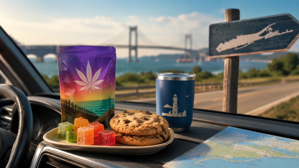 Cannabis-infused gummies and cookies arranged on a car dashboard beside a travel mug and map, with a scenic Long Island coastal road and bridge in the background, representing edibles for a road trip.