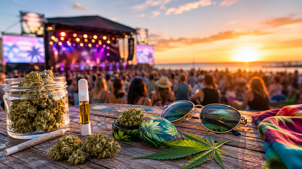 Cannabis flower, a vape cartridge, and sunglasses on a picnic table overlooking a packed outdoor summer concert at sunset on Long Island, with a brightly lit stage and waterfront in the background.