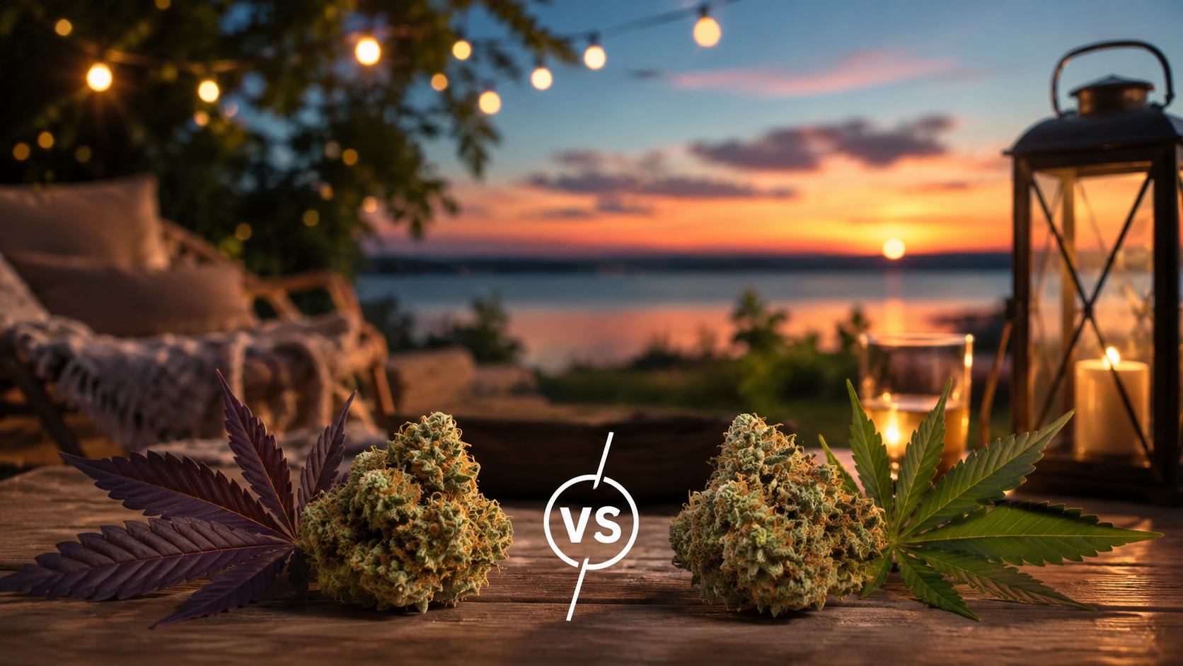 Close-up of indica and hybrid cannabis flower buds on a wooden table at sunset with a cozy lakeside setting, illustrating a comparison for relaxing summer nights.