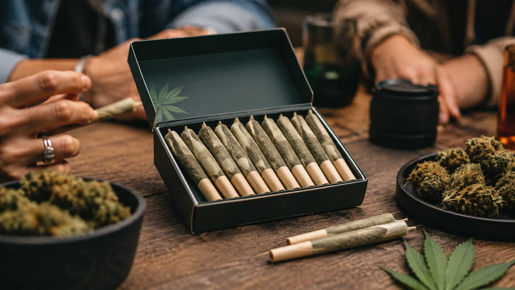 Best pre-roll packs arranged on a table for a group cannabis session.