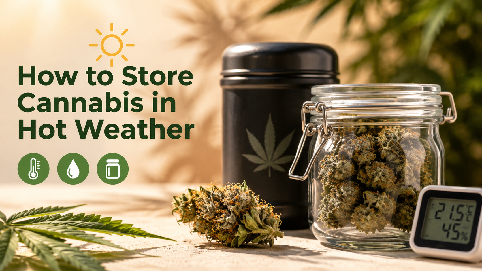 Cannabis buds stored in an airtight glass jar and protective container with a thermometer and humidity monitor in hot weather.