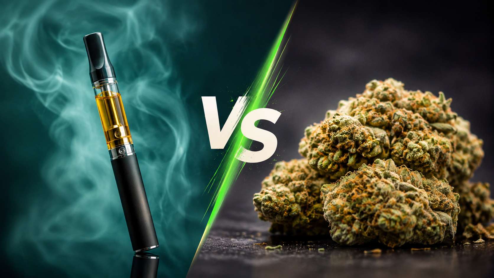 THC vape pen and cannabis flower side by side, illustrating the comparison of how quickly each takes effect.