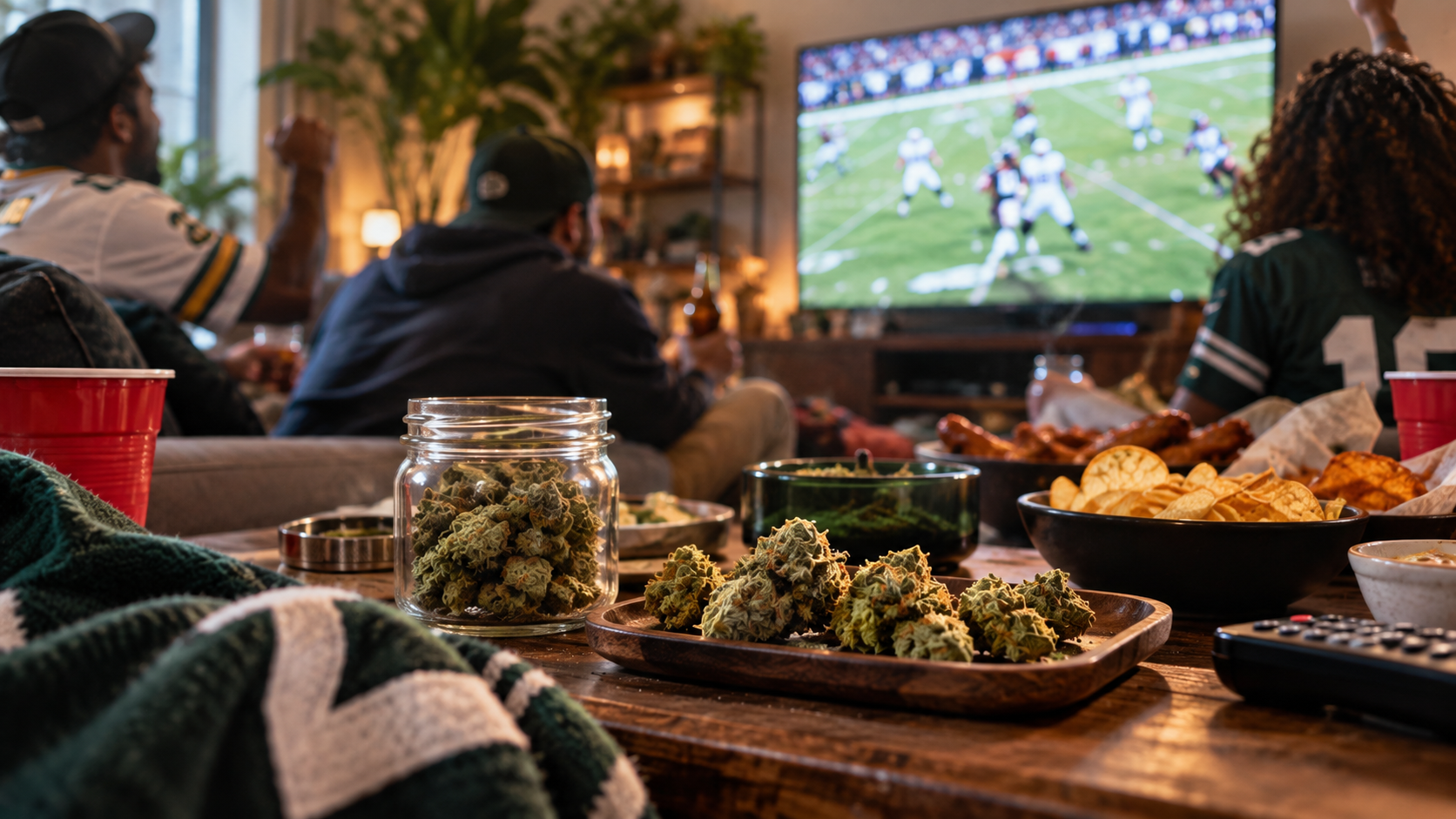 Cozy football game-day setup with cannabis buds, snacks, and friends watching a football game on TV.