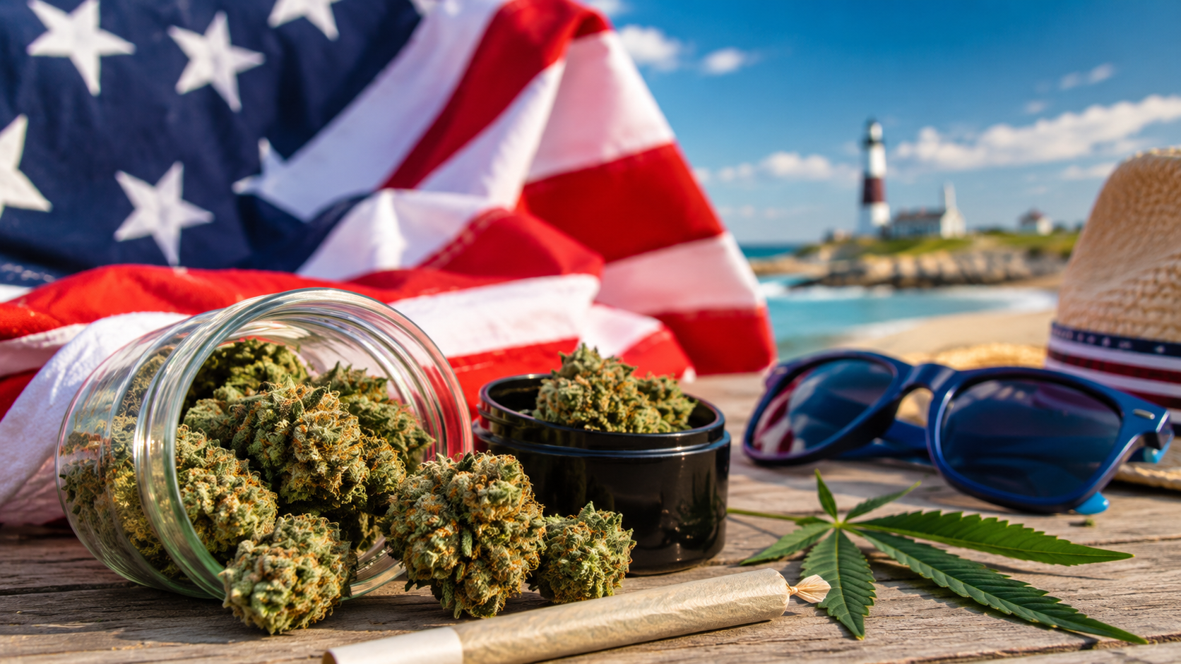 Labor Day weed deals in Long Island featuring cannabis flower, a joint, sunglasses, and an American flag at a sunny beach setting.