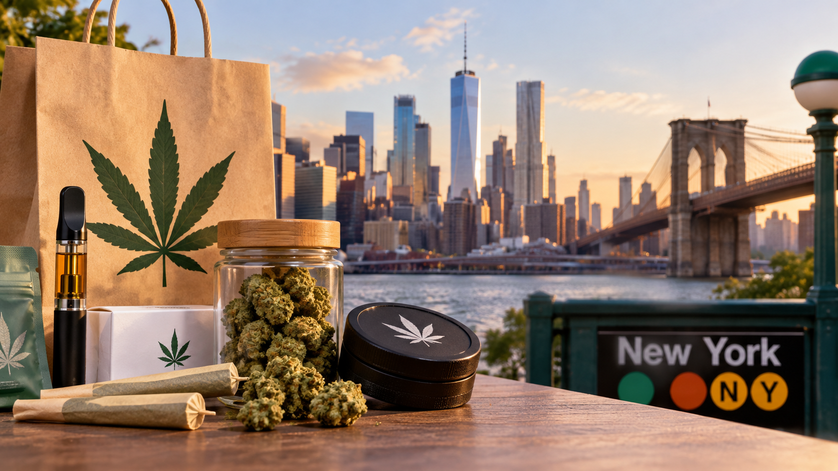 New York City skyline with cannabis flower, pre-rolls, vape, grinder, and shopping bag on a table.