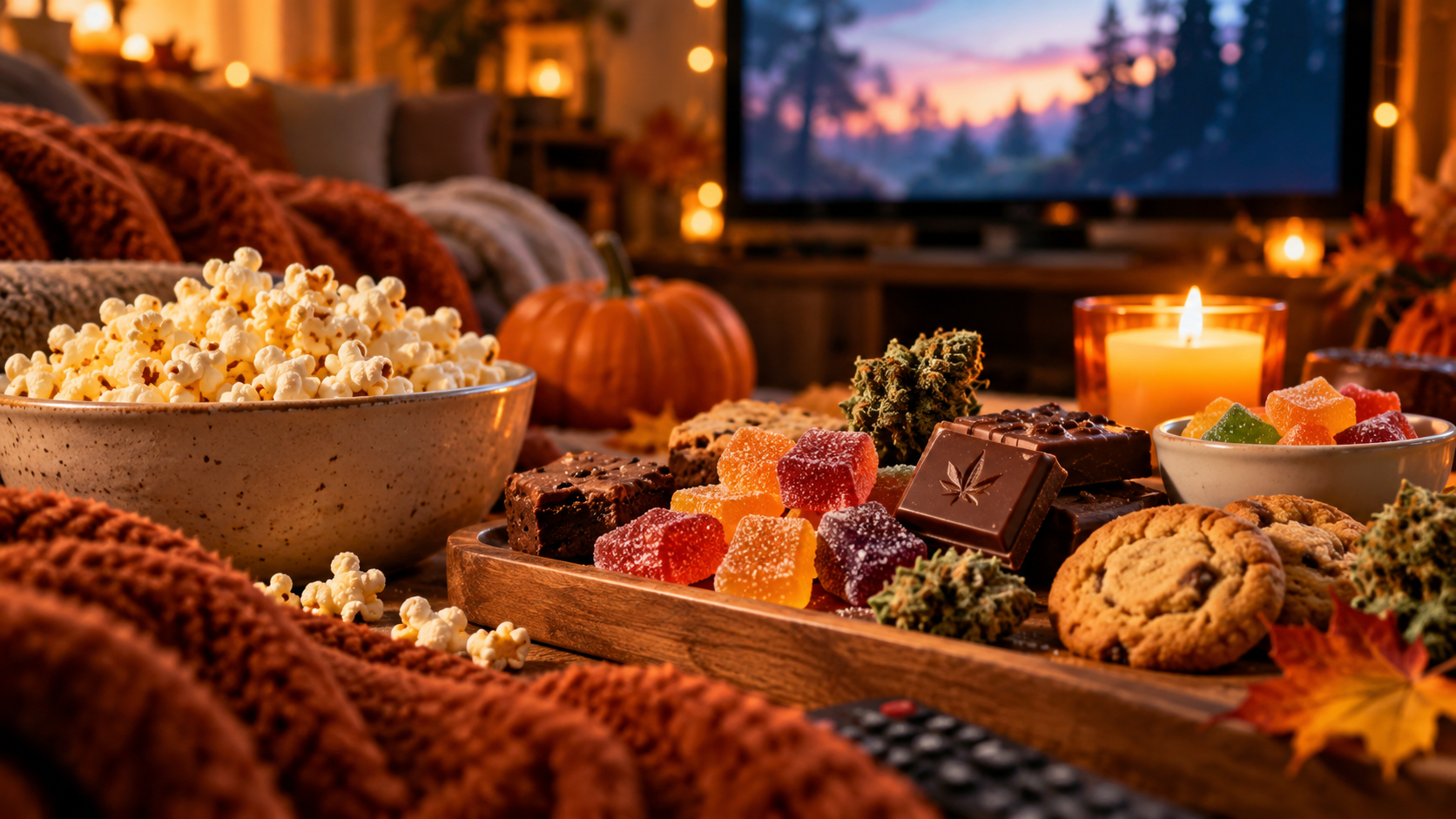 Cannabis gummies, chocolate brownies, and cookies arranged with popcorn in a cosy autumn living room for a fall movie night.