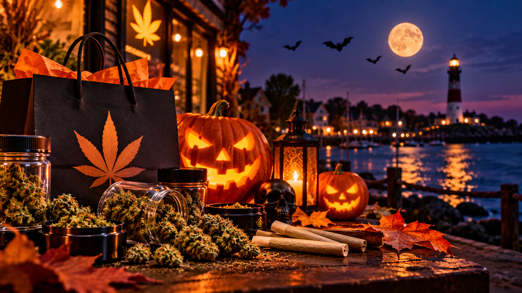 Halloween-themed cannabis display with flower jars, pre-rolls, glowing jack-o’-lanterns, and a cannabis shopping bag beside a moonlit Long Island harbor and lighthouse.