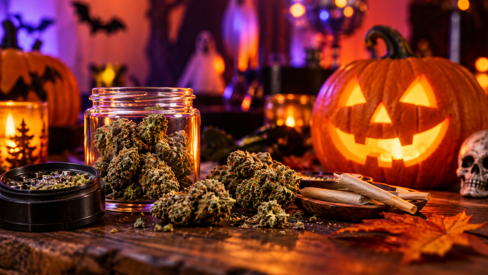 Halloween cannabis party setup with frosty weed buds, pre-rolls, a grinder, and glowing jack-o’-lanterns under spooky orange and purple lighting.